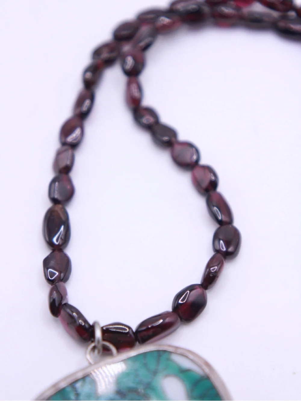 Artisan made Hand paintedPorcelain Floral Pendant on a Garnet Bead Necklace 16”